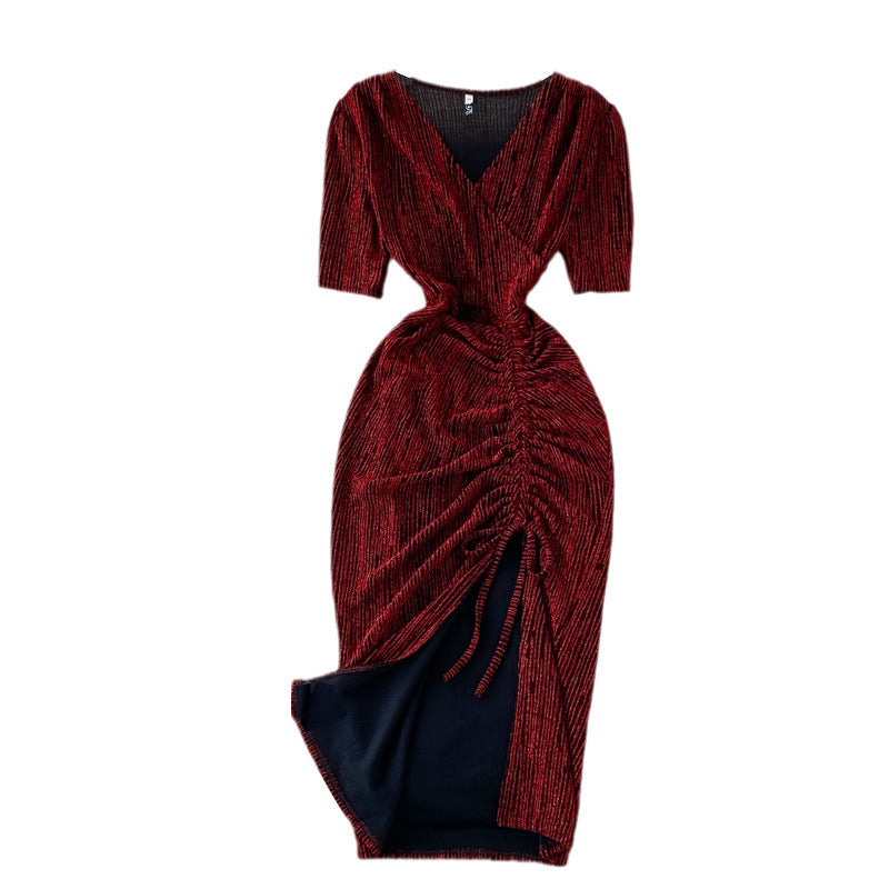 Shiny Silk Dress Temperament Goddess Waist Small Buttocks