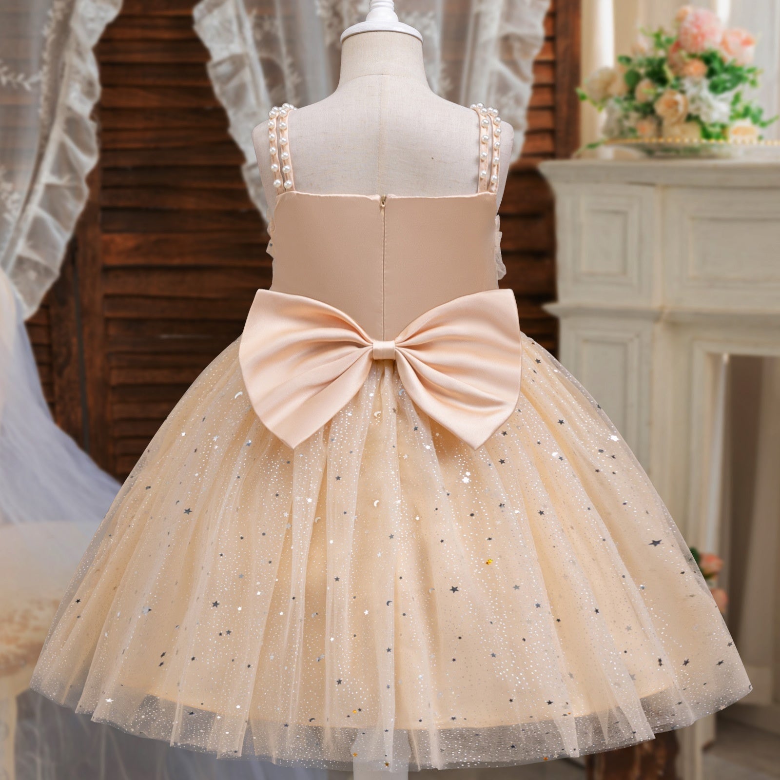 Summer Girls' Dress Cute Bow Star Mesh Pearl Suspender Dress