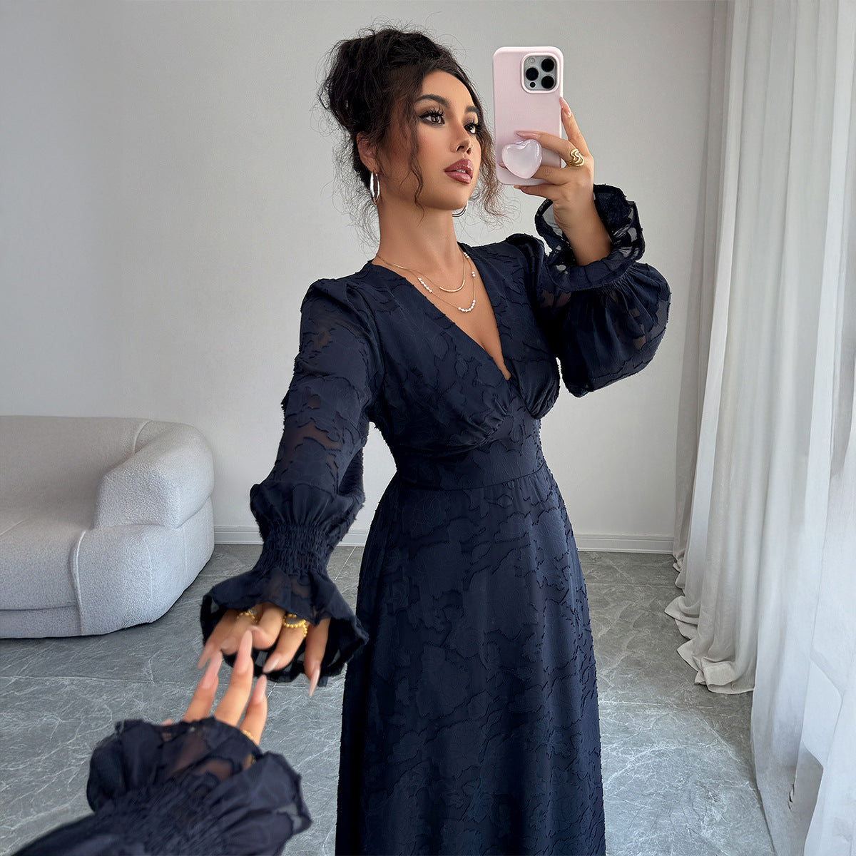 Elegant And Stylish Deep V Lace Long Sleeve Dress For Women