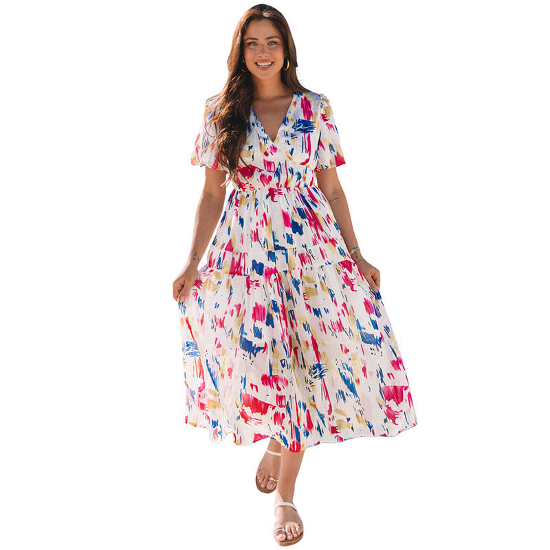 European And American Leisure All-match Multicolor Printed Cropped Dress