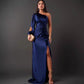 Diagonal Collar Raglan Sleeve Pleated Waist Tight Split Long Dress