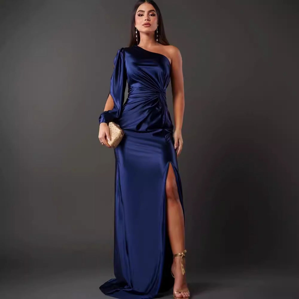 Diagonal Collar Raglan Sleeve Pleated Waist Tight Split Long Dress