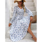 Fall Women's Clothing Printed V-neck Long Sleeve Big Hem Fashion All-matching Dress