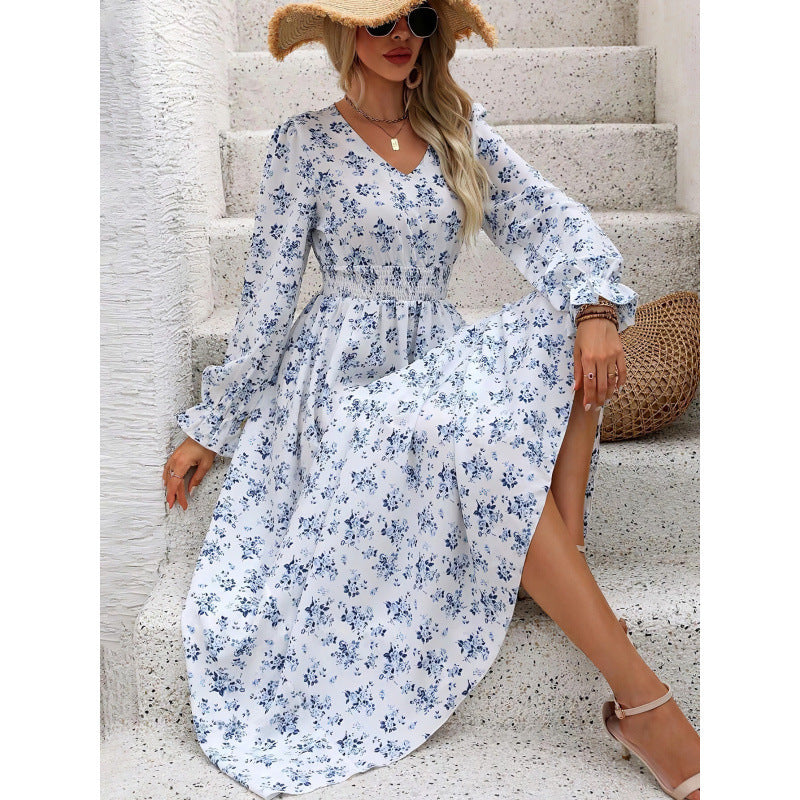 Fall Women's Clothing Printed V-neck Long Sleeve Big Hem Fashion All-matching Dress