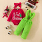 Ensemble trois pièces de style Noël, combinaison à manches longues, bavoir en fourrure verte, foulard