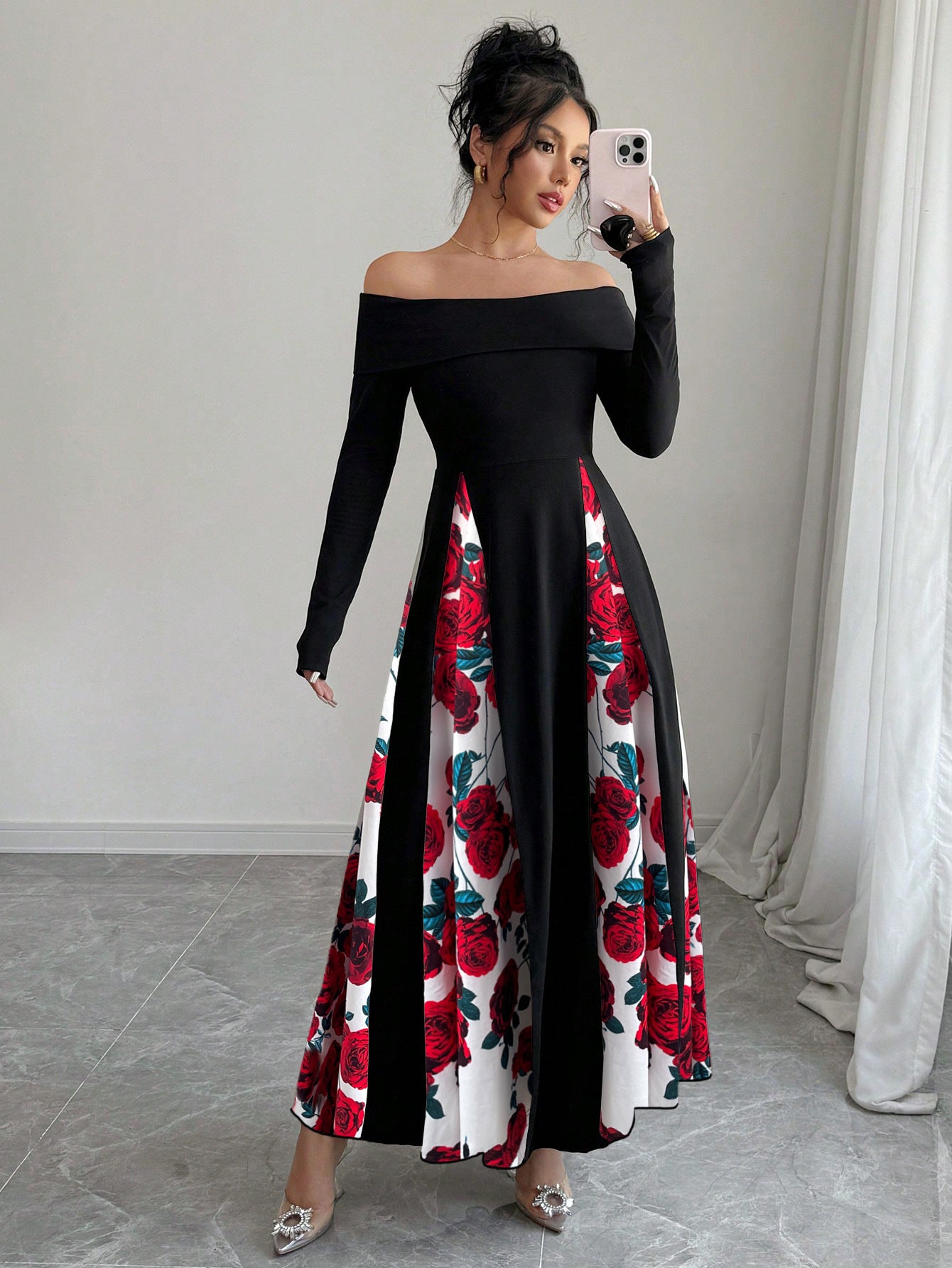 Off-shoulder Contrast-color Patchwork Long-sleeve Elegant Figure-flattering Dress