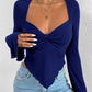 V-neck Flared Sleeves Waist Trimming Knitted Long Sleeve T-shirt