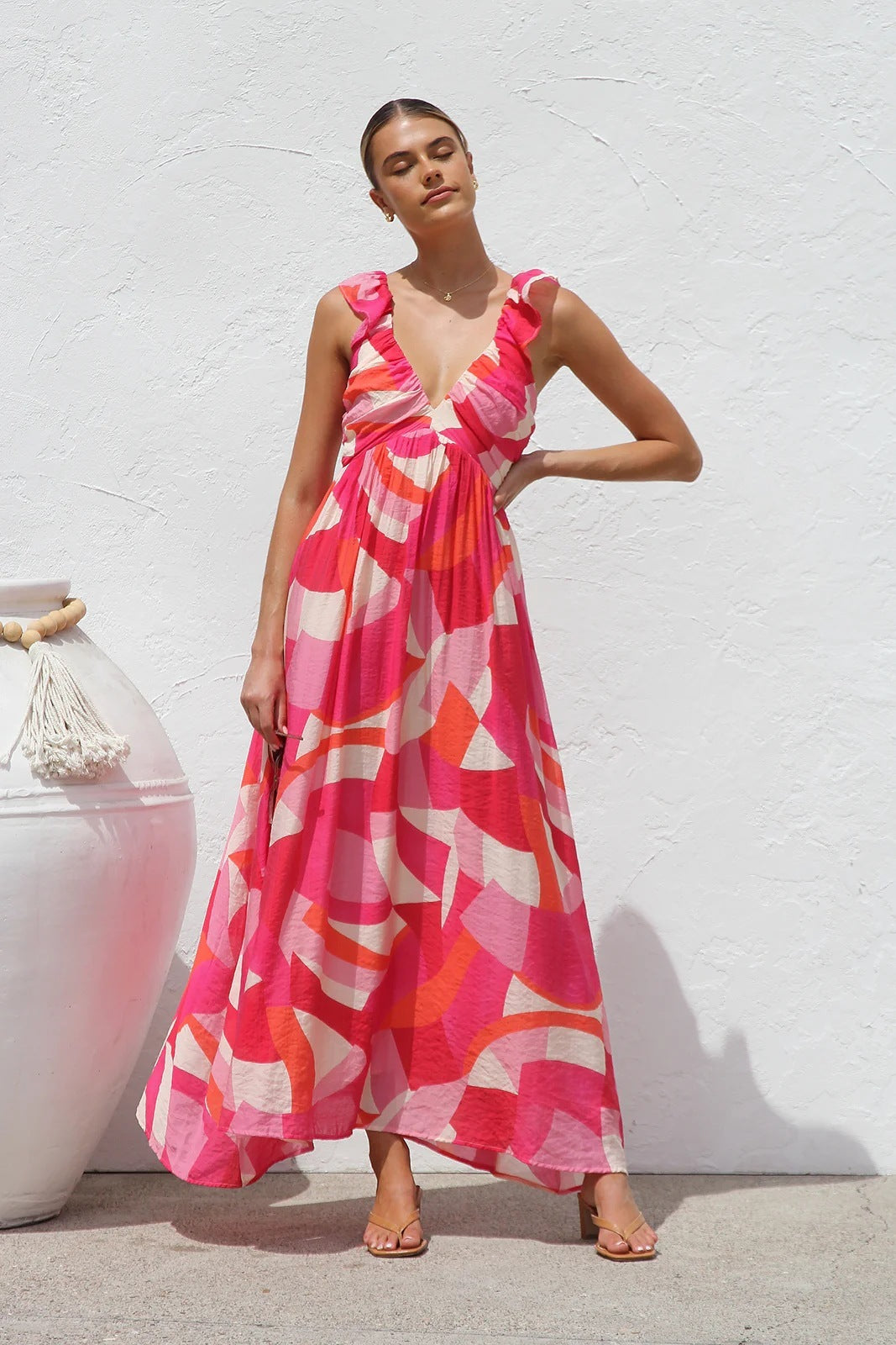 Women's Printed V-neck Large Swing Suspender Dress