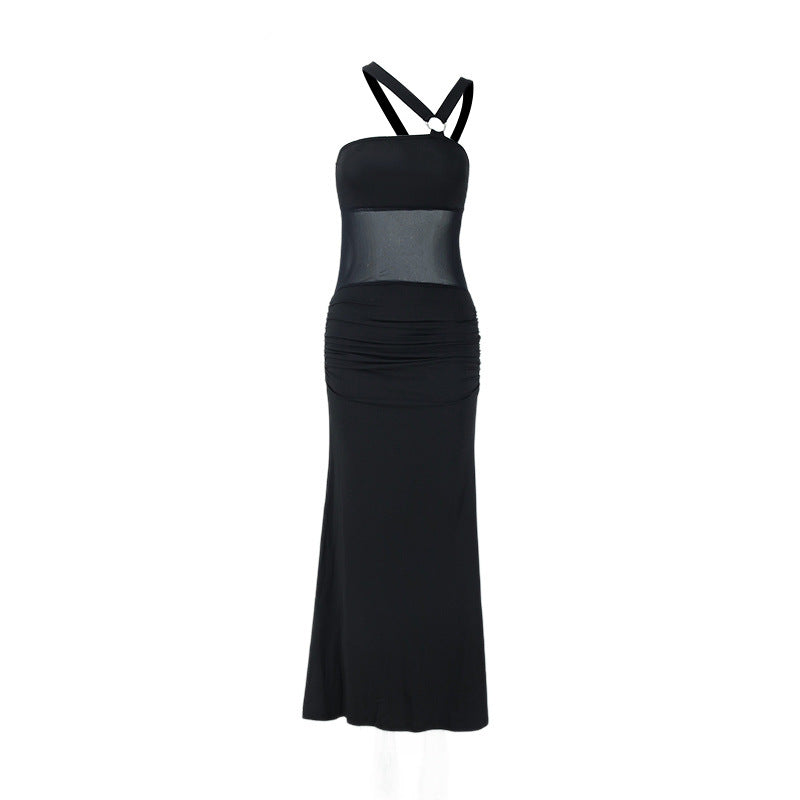Irregular Off The Shoulder Bandeau Style Hugging Mesh Spliced Backless Dress
