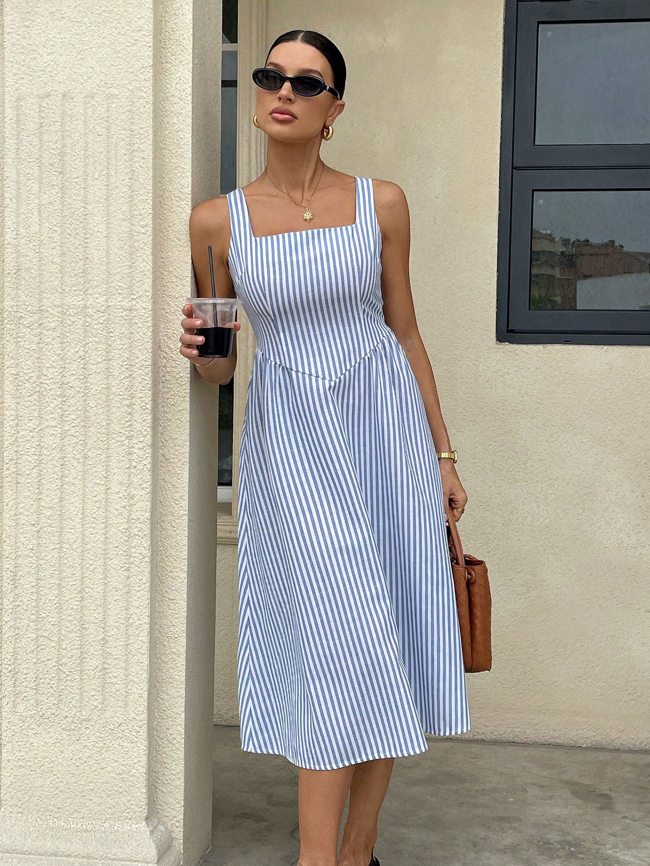 Womens Casual Sleeveless Strappy Square-Neck Colorblock Striped Dress