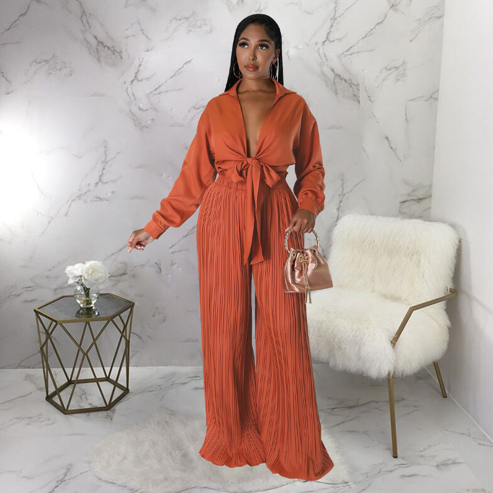 Chemisier plissé et pantalon à lacets à manches longues et col en V pour femme, best-seller de l'automne, vente en gros