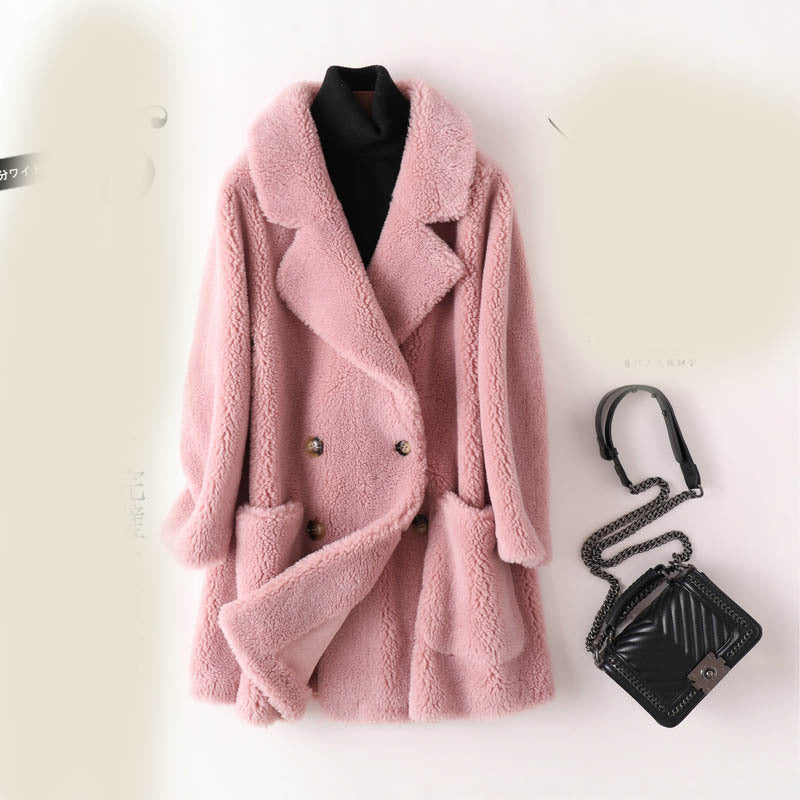 Manteau mi-long ample en laine de mouton pour femme