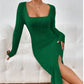 European And American Autumn And Winter Long Sleeve Crew Neck Split Knitted Long Dress
