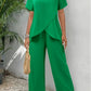 Women'S Elegant Solid Color Polyester 2pcs Set, Crew Neck Short Sleeve Top And Long Pants