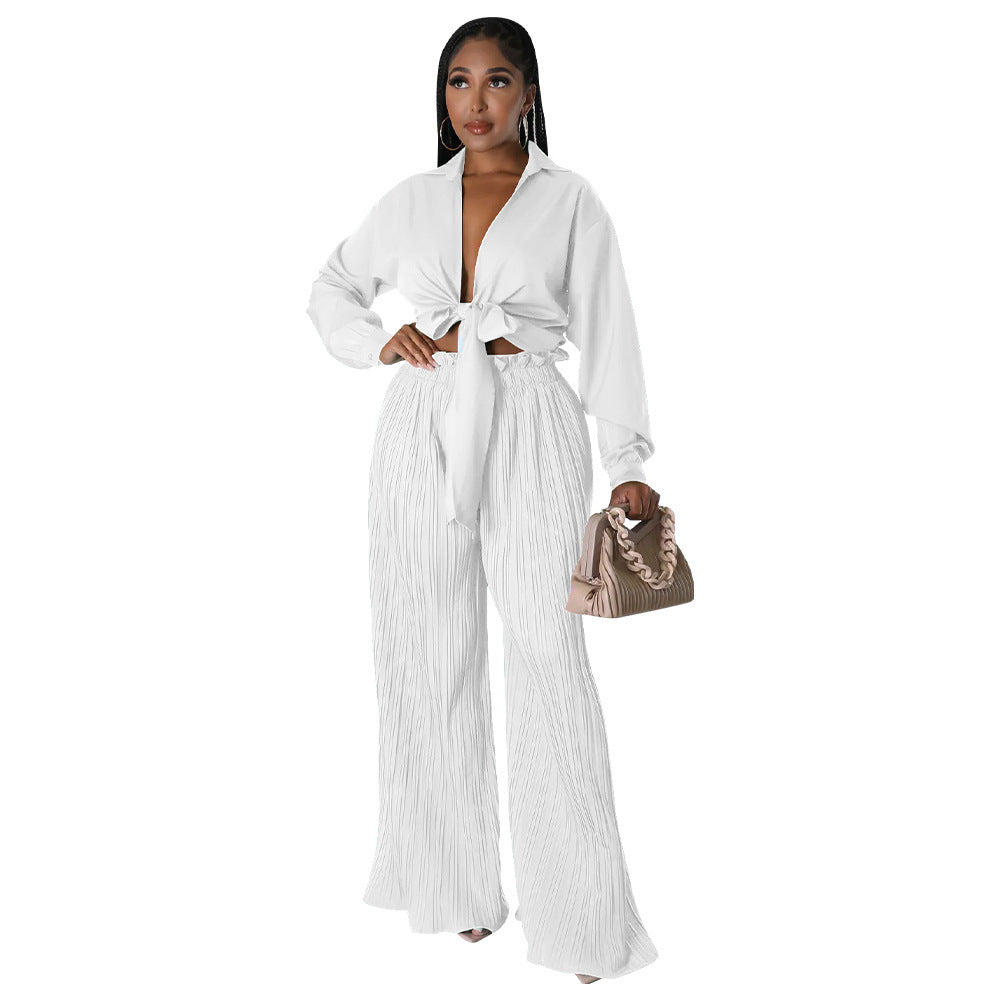 Chemisier plissé et pantalon à lacets à manches longues et col en V pour femme, best-seller de l'automne, vente en gros