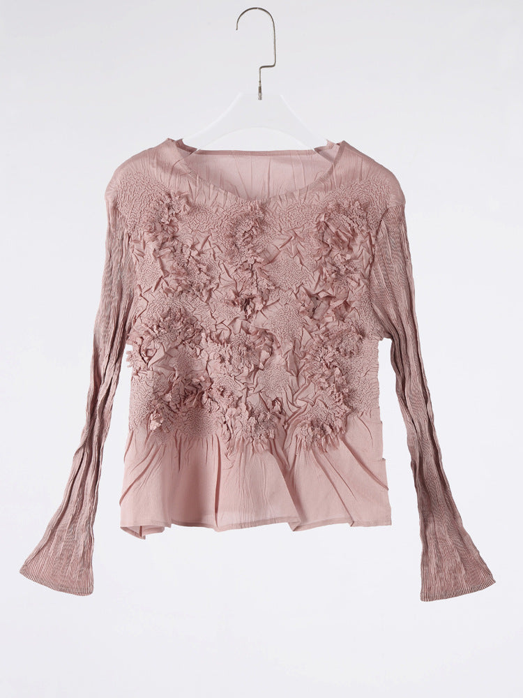 Solid Color Embroidered Long-sleeved Top Handmade Pleated Two-piece Overskirt Suit