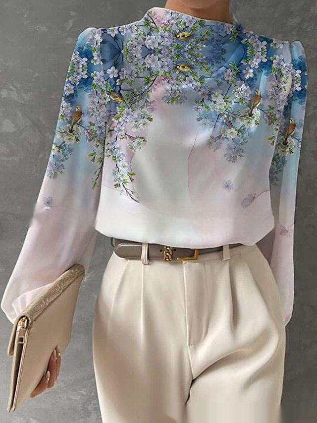 Half Turtleneck Lantern Sleeve Printed Top