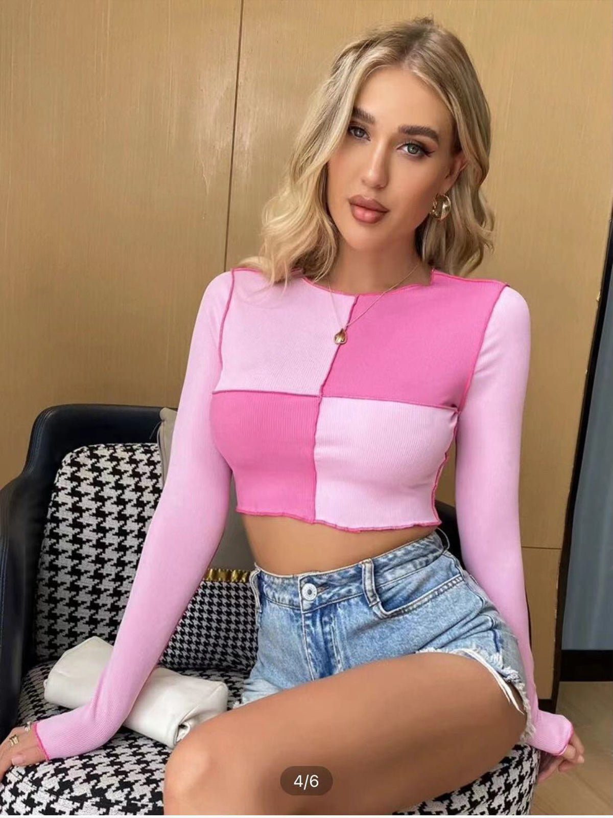 Women's Colorblock Checkered Pullover Irregular Long Sleeve Bottoming Shirt