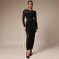 Womens Solid-Color Crew-Neck Mesh-Patchwork Bodycon Midi Skirt