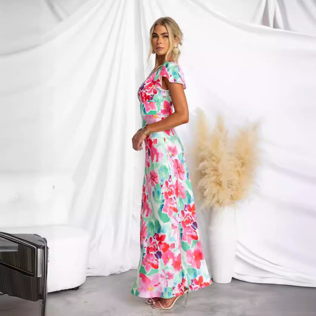 Robe mi-longue à volants et col en V fleuri