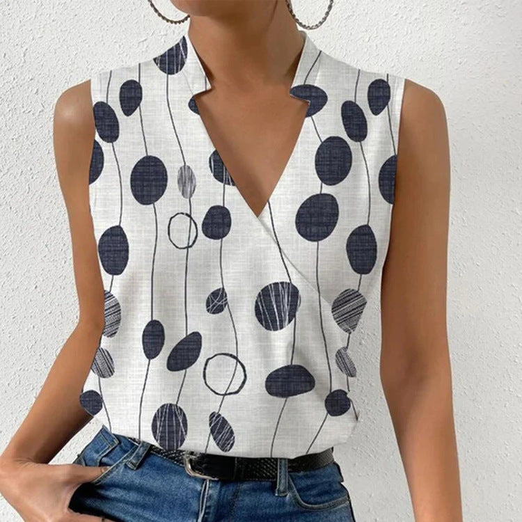 T-shirt d'été sans manches à col en V et imprimé décontracté pour femme