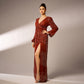 Robe de soirée sexy à manches longues et col en V, à paillettes