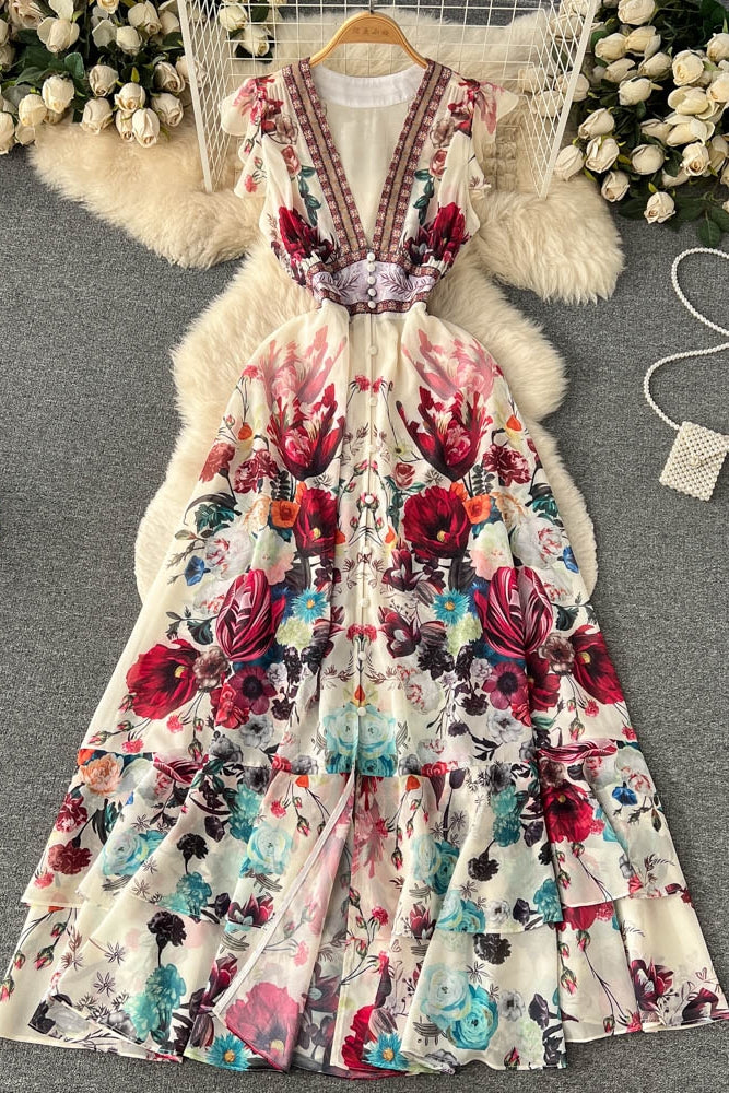 Women's Deep V-neck Lantern Sleeve Wavy Hem Wide Hem Printed Long Dress