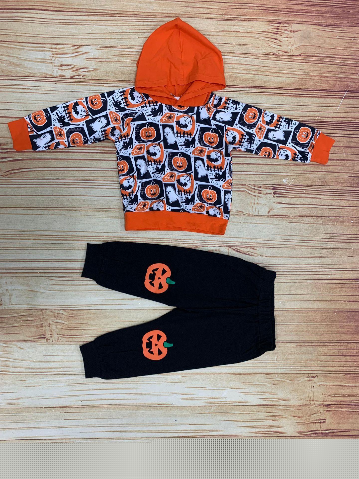 Boys Fashion Pumpkin Letters Printed Hooded Sweatshirt Pants Set