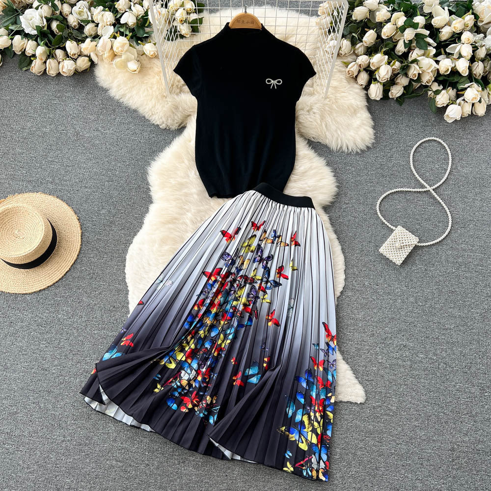 Women's Summer High-end Design Sense Niche Sleeveless Shirt Top Pleated Dress Two-piece Set