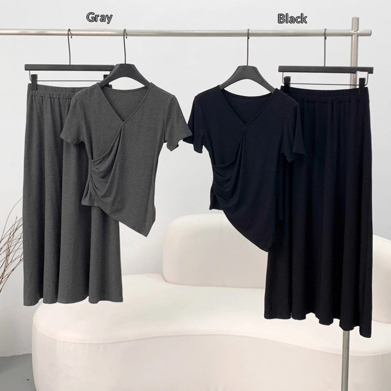 Short-sleeve Top And Drapey Skirt Two-piece Set
