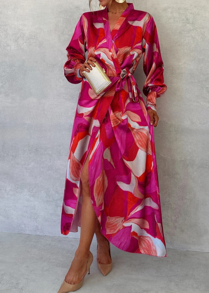 Autumn New Long Sleeve Dress V-neck Lace-up Split