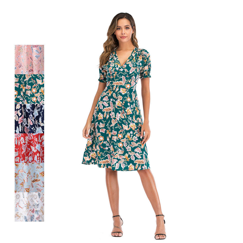 Summer New Bohemian V-neck Printed Dress