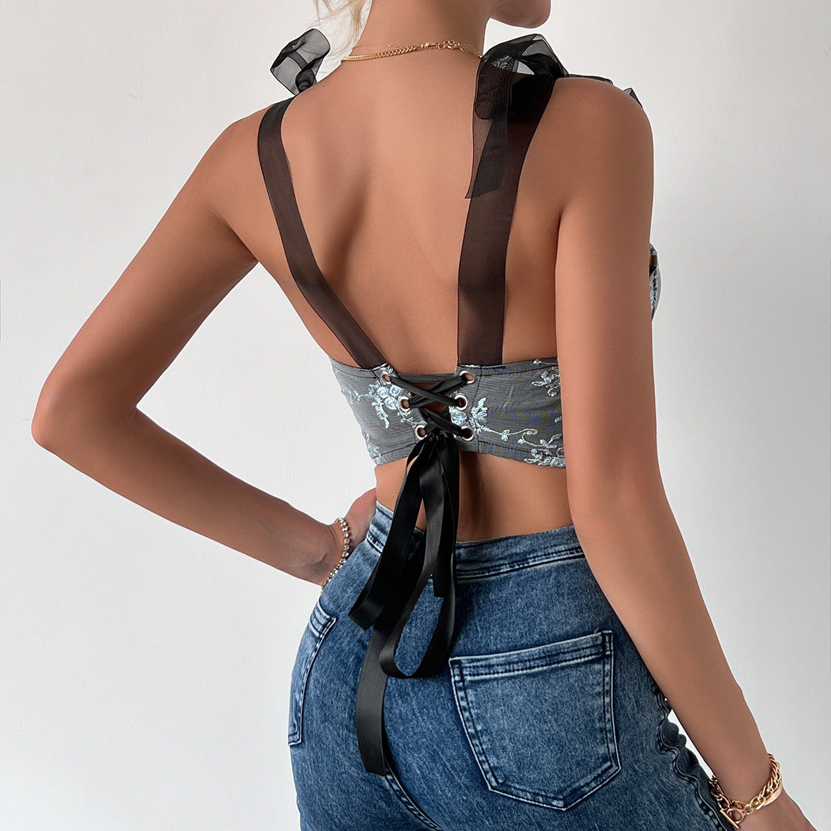 Women's Fashion Lace-up Sling Steel Ring Fishbone Chest Vest