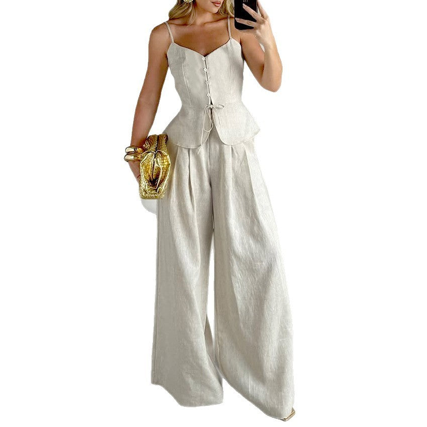 Fashion Suspenders Vest High Waist Wide Leg Pants Two-piece Set