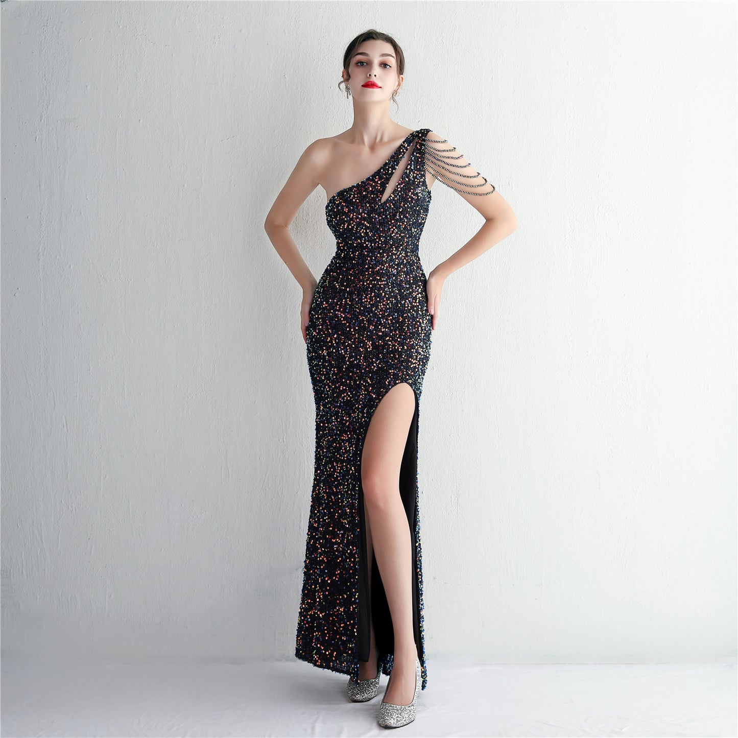19533  Handmade Sequin Craft Beaded One-shoulder Fishtail Skirt