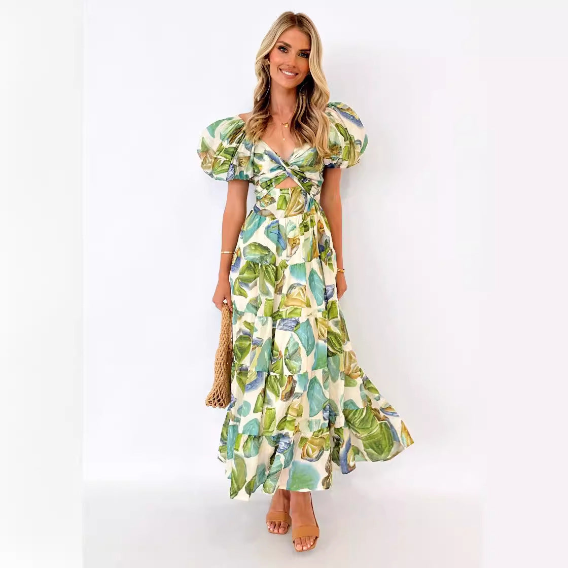 Women's Versatile Casual Waist-tied Puff-sleeve Flare Dress