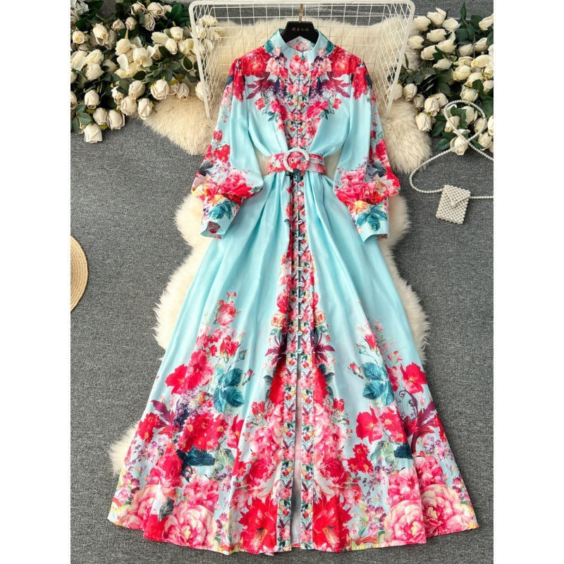 New High-grade Stand Collar Lantern Long Sleeve Waist-tight Printed Dress