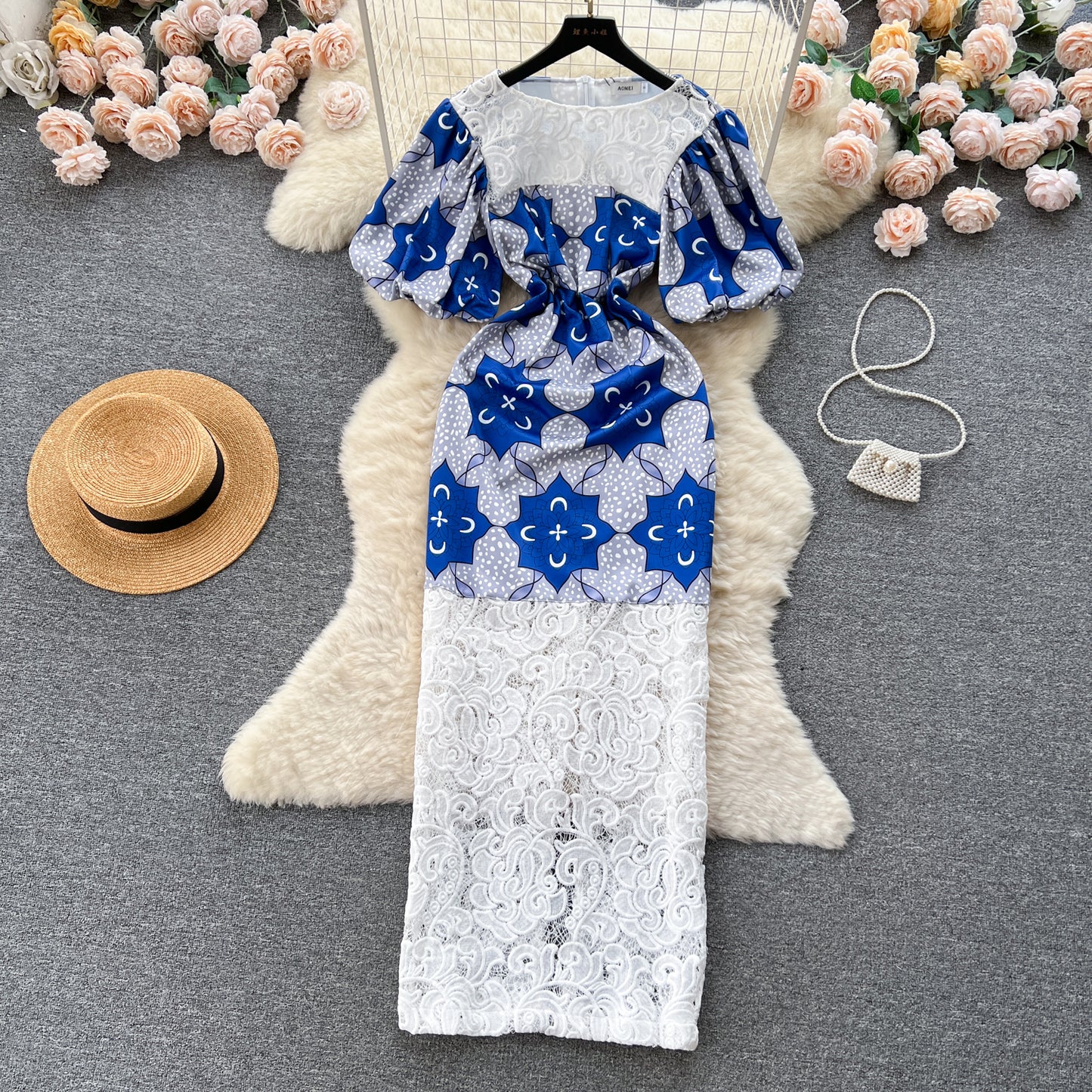 Women's Printed Color Contrast Patchwork Long Lace Dress
