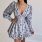 Women's Printed Puff Sleeve Waist Cinching Dress