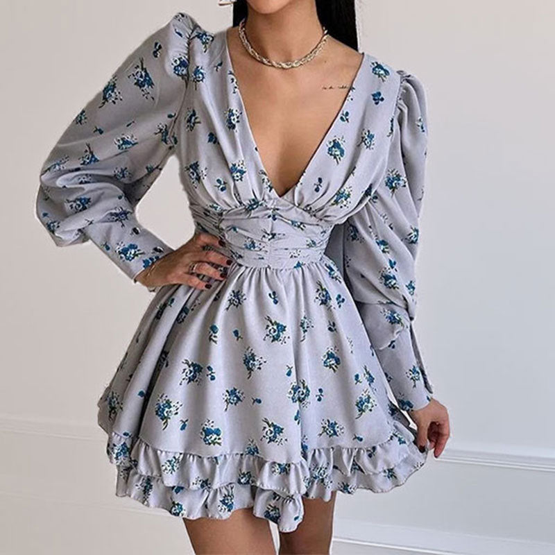 Women's Printed Puff Sleeve Waist Cinching Dress