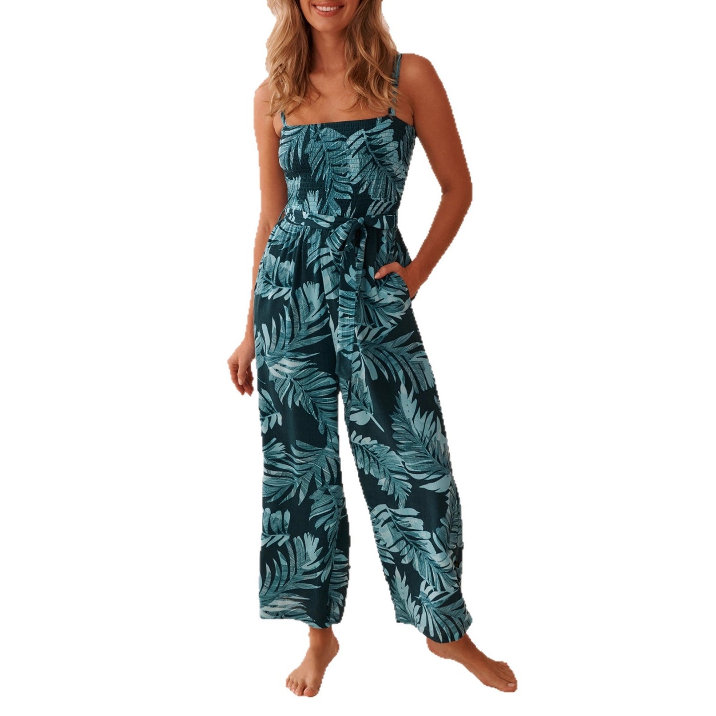 Chic Commuter Bohemian Style Mid-Waist Suspender Printed Straight Jumpsuit