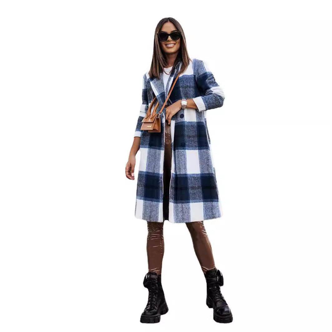 Manteau mi-long en laine brossée à carreaux, tendance automne-hiver européenne et américaine