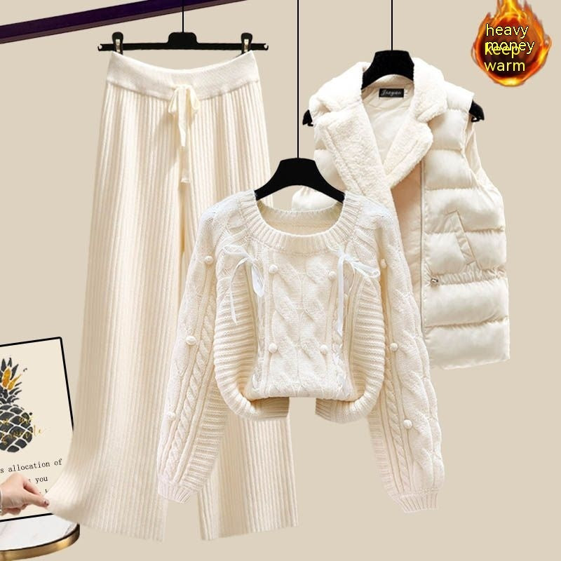 Ensemble trois pièces pour femme, gilet, pull épais, pantalon large