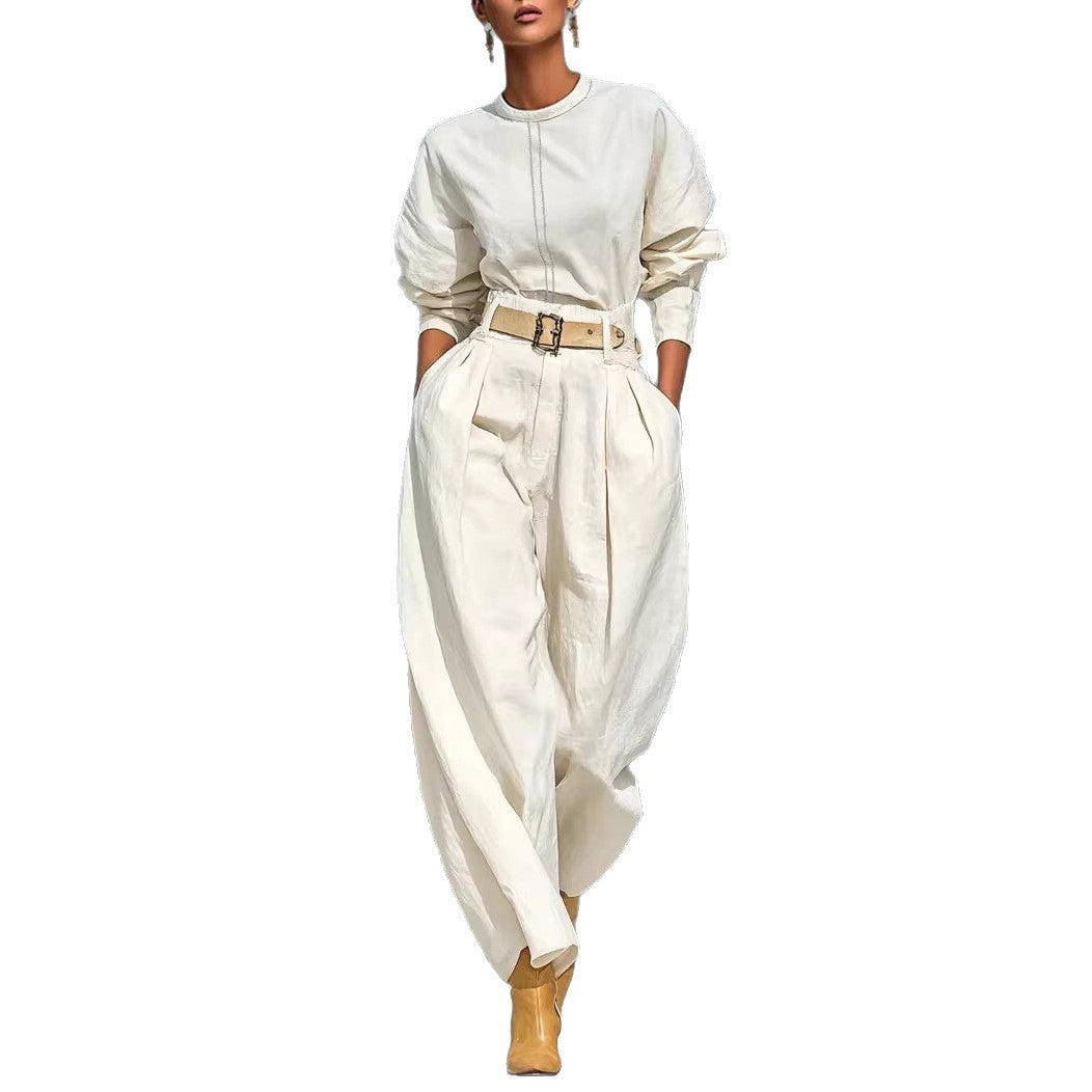 Womens Simple-style Loose Top And Harem Wide-leg Pants Two-piece Set With Belt