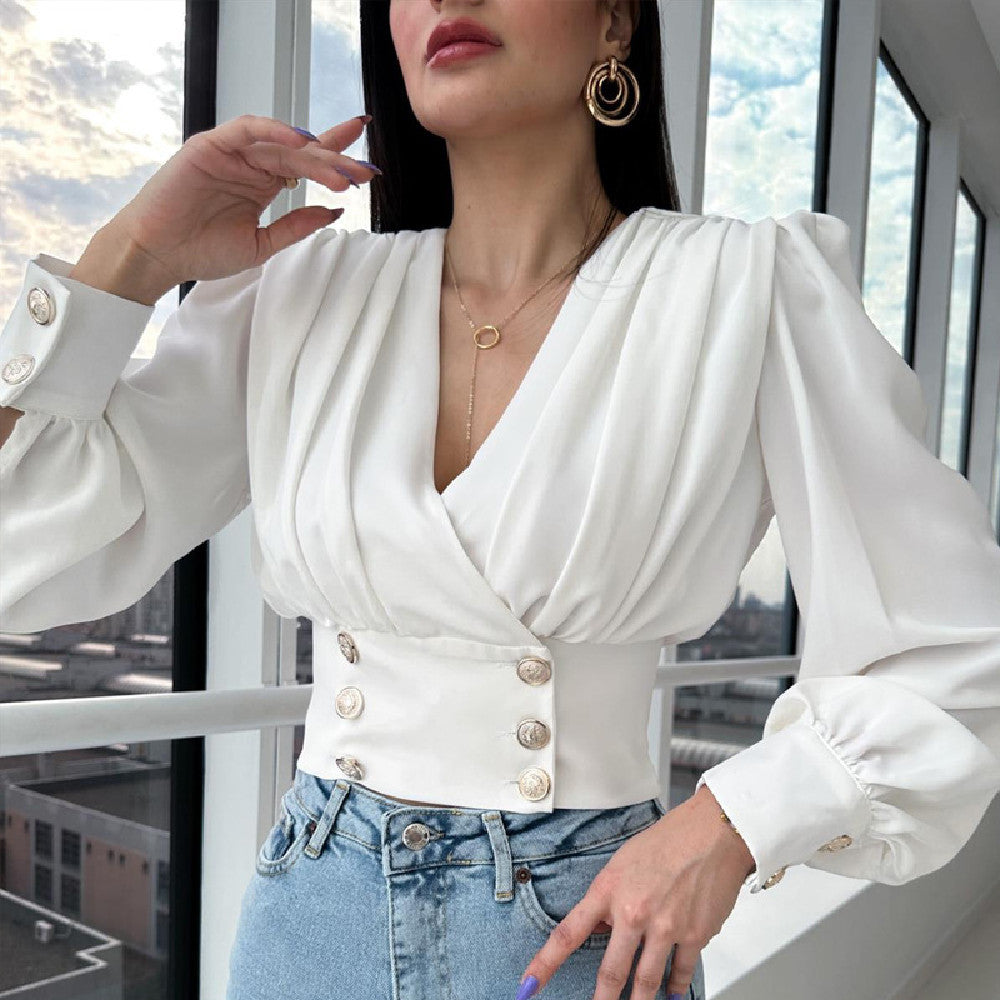 Puffy Sleeves Solid Color Pleated Shirt