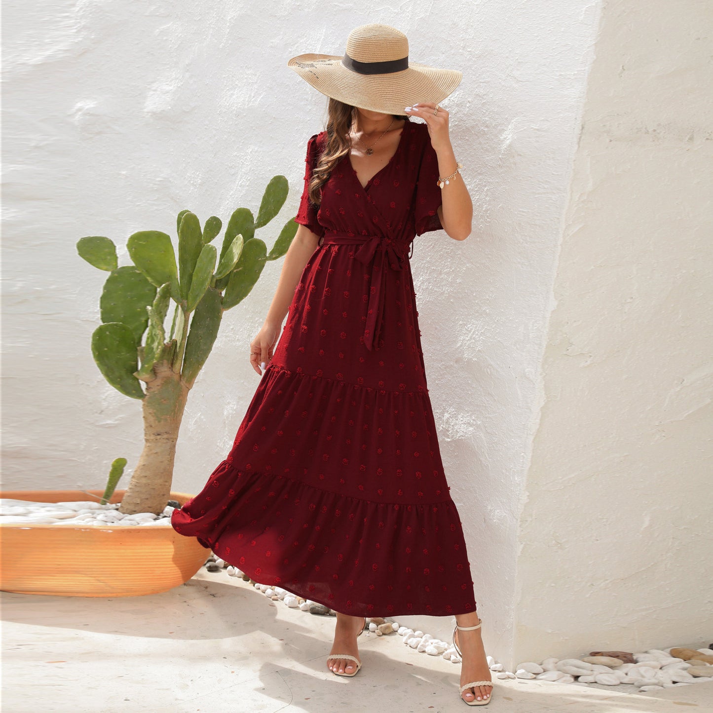 Robe d'été à manches courtes et col en V, design boule de fourrure, taille haute nouée, longue