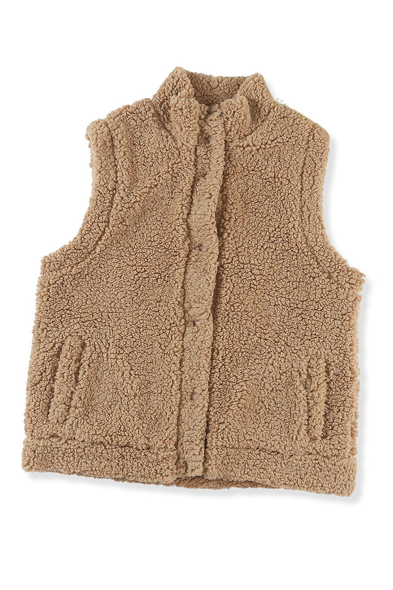 Autumn And Winter Solid Color Vest Women's European And American Leisure Style Button Pocket Warm Sleeveless Top