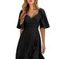 V Neck Solid Color Waistband Ruffle Dress