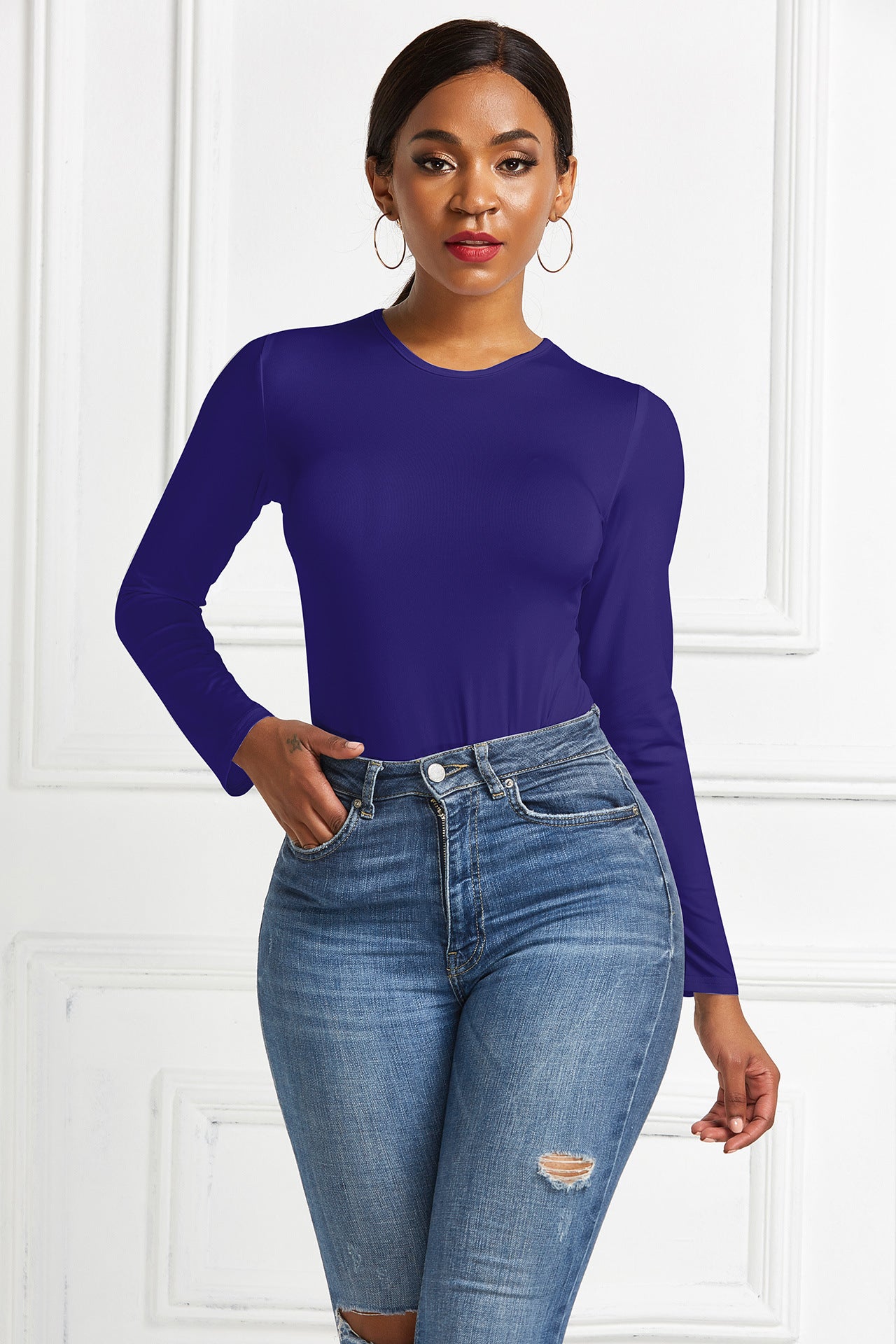 Bodysuit Women's Solid Color Long-sleeved Round Neck Bottoming Shirt Top