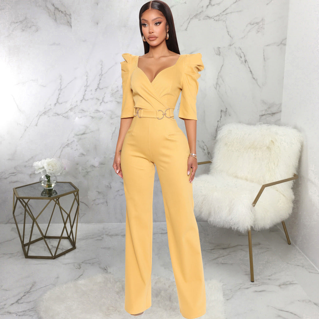 Long Sleeve V Underwear Wide Leg Jumpsuit